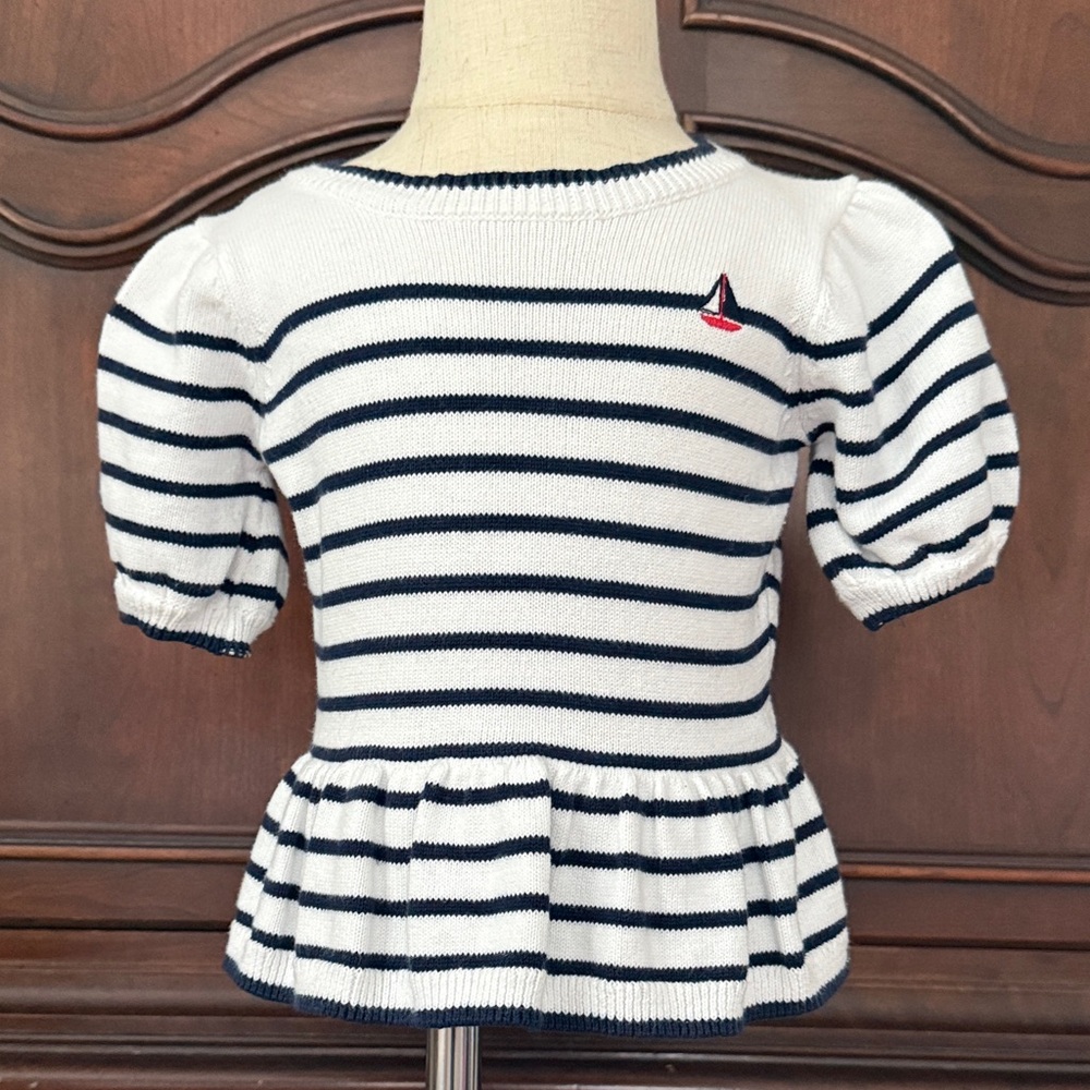 Janie and Jack Navy Stripe Peplum Sweater Girls Size 3 Sailboat Nautical Top